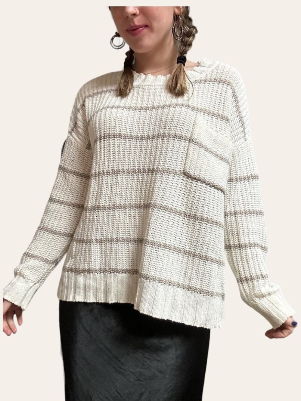 American Eagle Cream and Tan Cotton Striped Long Sleeve Sweater, XS